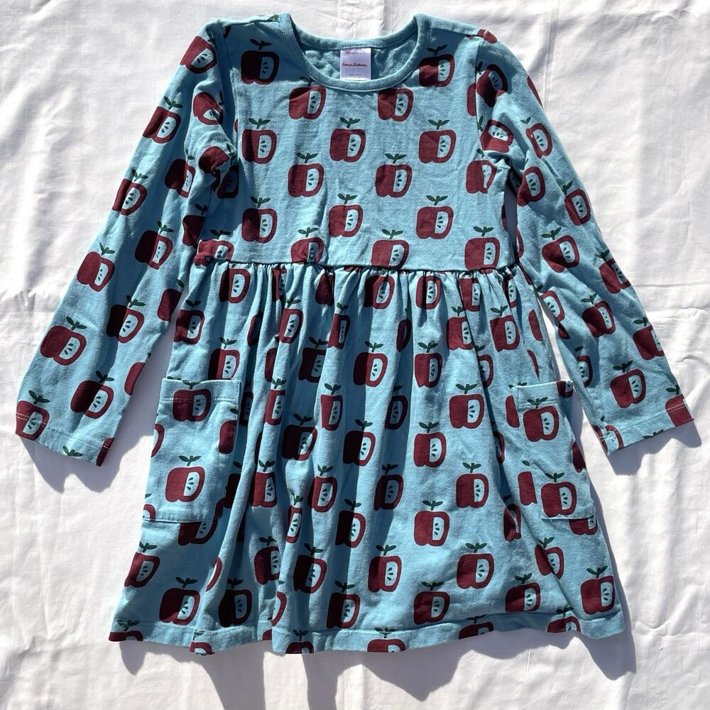 Hanna Andersson Apple Dress Girls 120 US 6-7 Long Sleeves Blue Red Pockets
